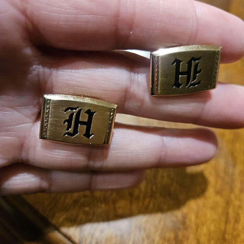 Vintage HICKOK USA Gold Tone Initial F Monogram Cufflinks Classic Men's Letter H